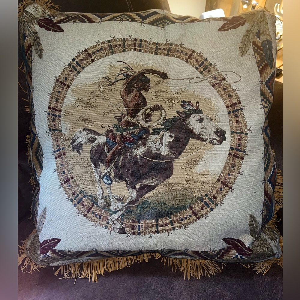 Vintage Native American or Western-themed tapestry decorative throw pillow